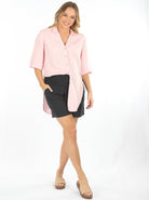 Full view - Pink Maternity and Breastfeeding Linen Shirt (6690454995038)