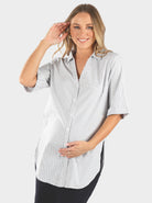 Front view 2 - Maternity & Nursing Cotton Navy Stripes shirt ove skirt (6690455027806)