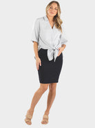 Full view - Maternity & Nursing Cotton Navy Stripes shirt tied in fron with skirt (6690455027806)