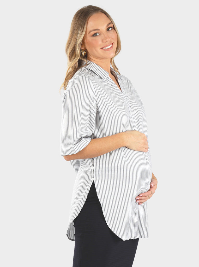 Main view - Maternity & Nursing Cotton Navy Stripes shirt (6690455027806)