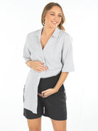 Front view - Maternity & Nursing Cotton Navy Stripes shirt with black short (6690455027806)