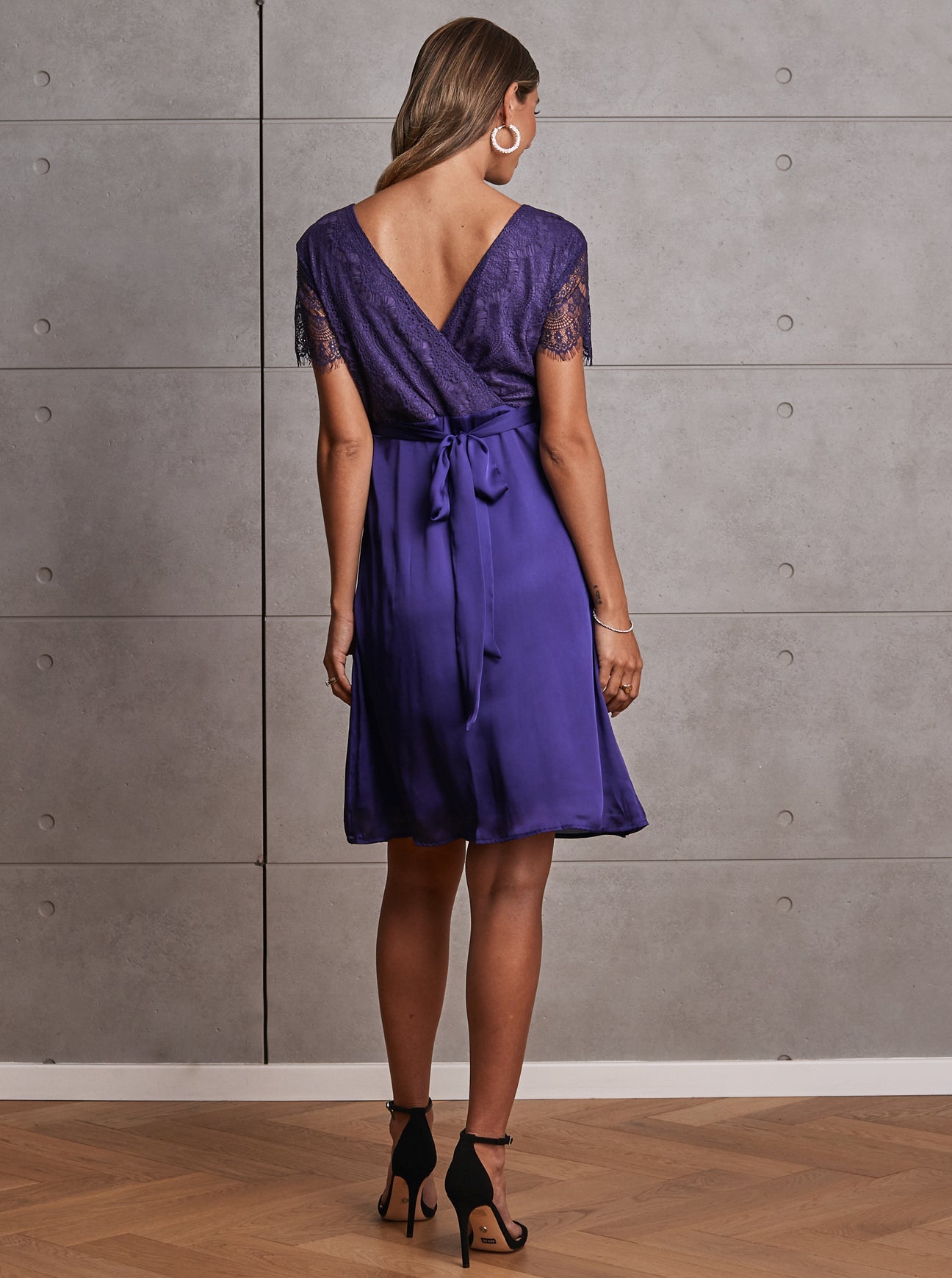 Isobel Maternity Mid Length Lace Party Dress - Violet - Angel Maternity USA