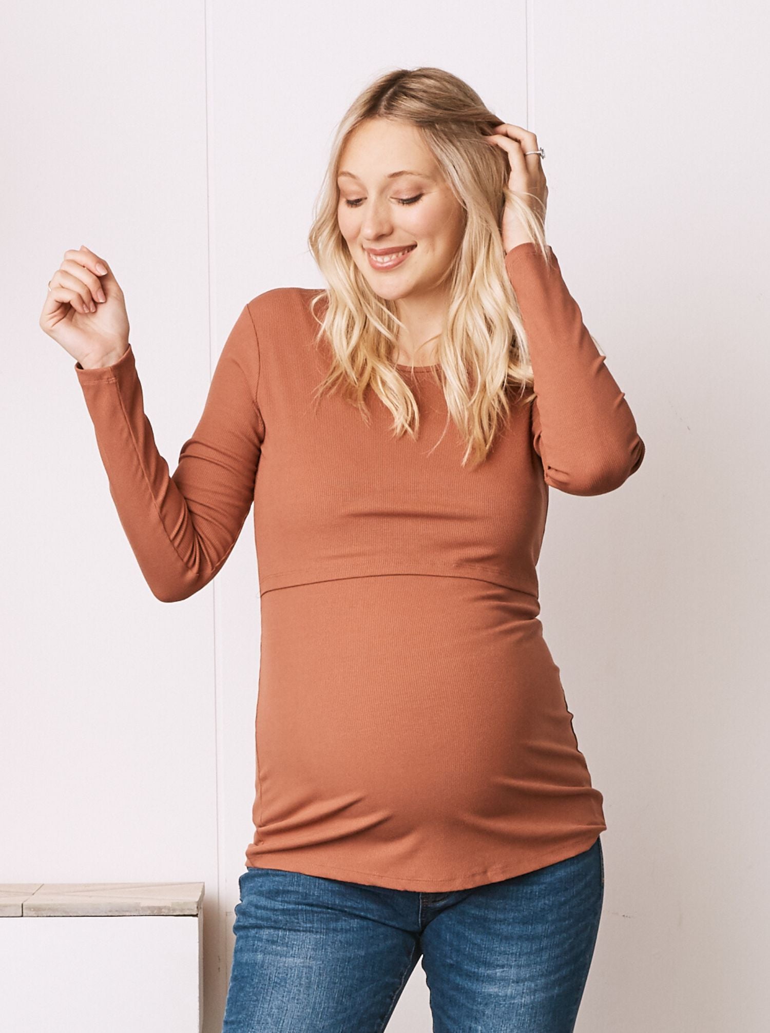 Maternity & Nursing Long Sleeve Top in Brown Pink (6618561151070)
