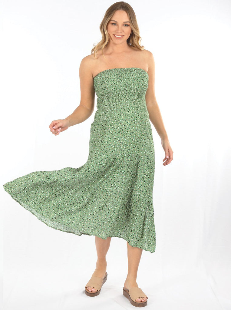 Main view - Strapless Maternity Shirred Maxi Dress in Green Floral Print (6639690874974)
