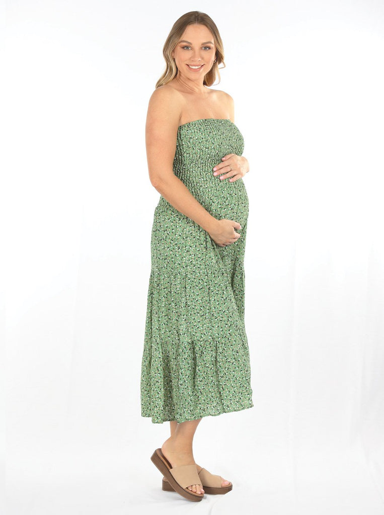Side view - Strapless Maternity Shirred Maxi Dress in Green Floral Print (6639690874974)