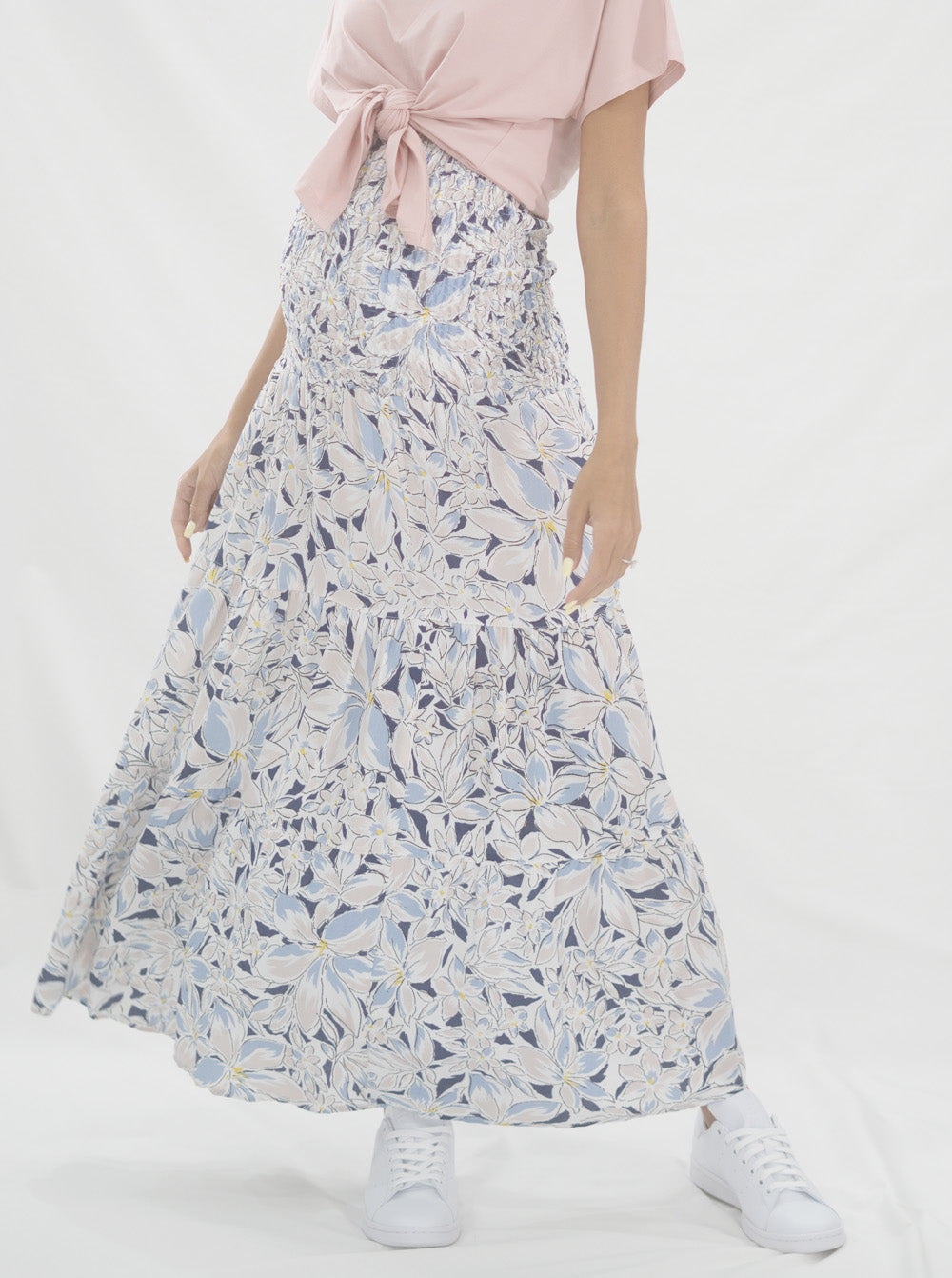 Maternity Shirred Maxi Skirt in Navy Floral Print (6639690842206)