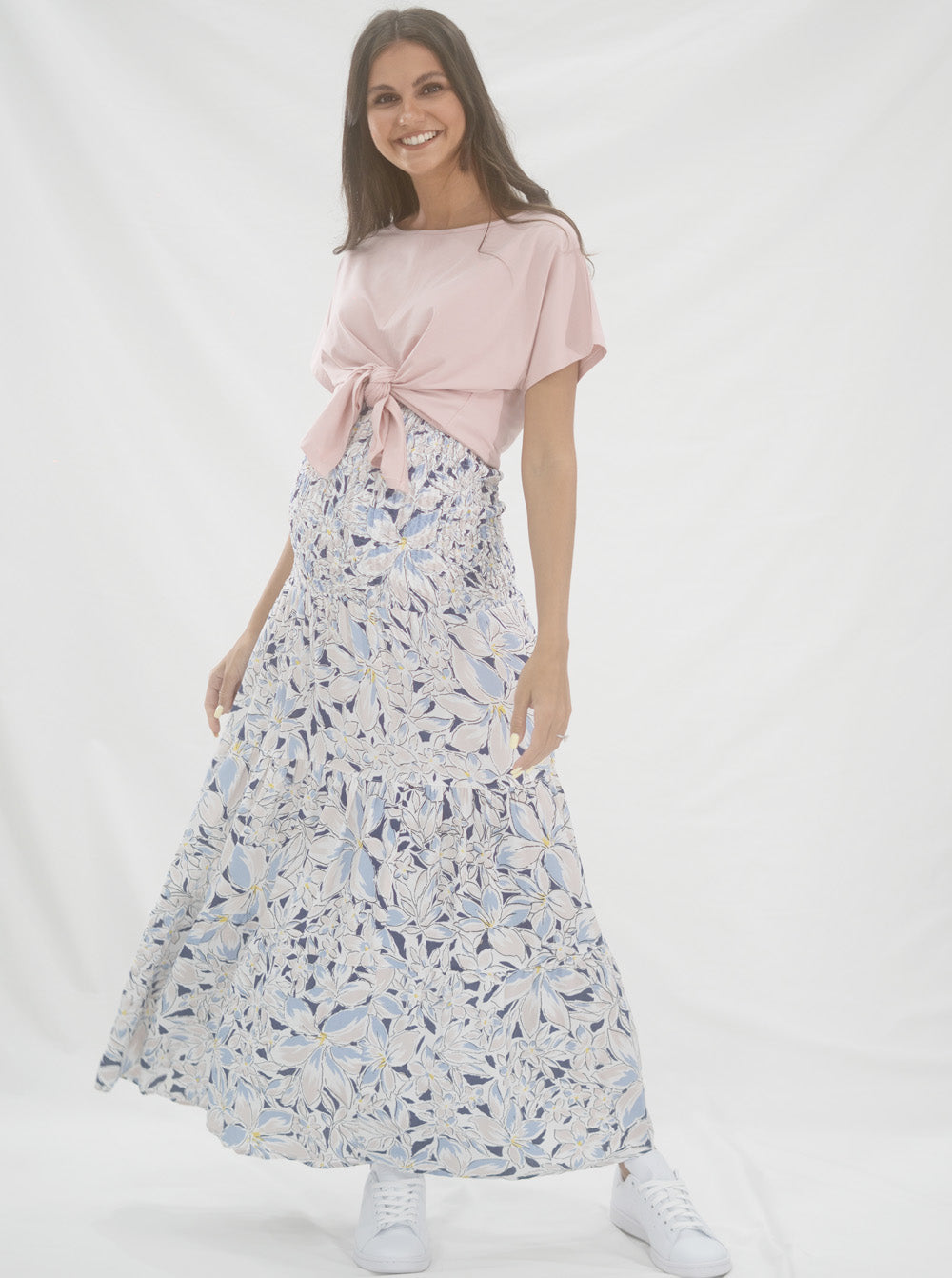 Maternity Shirred Maxi Skirt in Navy Floral Print (6639690842206)