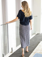 Back view - Fitted Maternity Maxi Skirt in Blue With Small White Leaf Print (4801471938654)