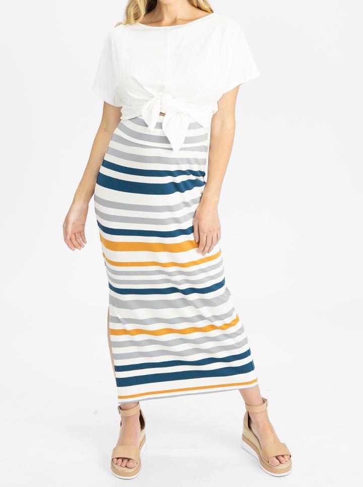 Front view - Long Maternity Skirt in White, Orange and Blue Stripes (4801469874270)