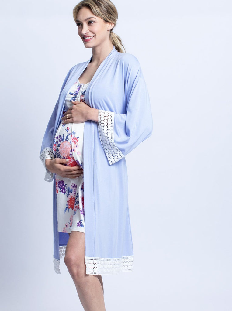 Hospital Pack: Nursing Dress + Robe + Free Baby Pouch - Blue & Pink - Angel Maternity USA (4694292922462)