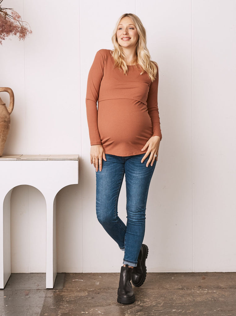 Maternity & Nursing Long Sleeve Top in Brown Pink (6618561151070)