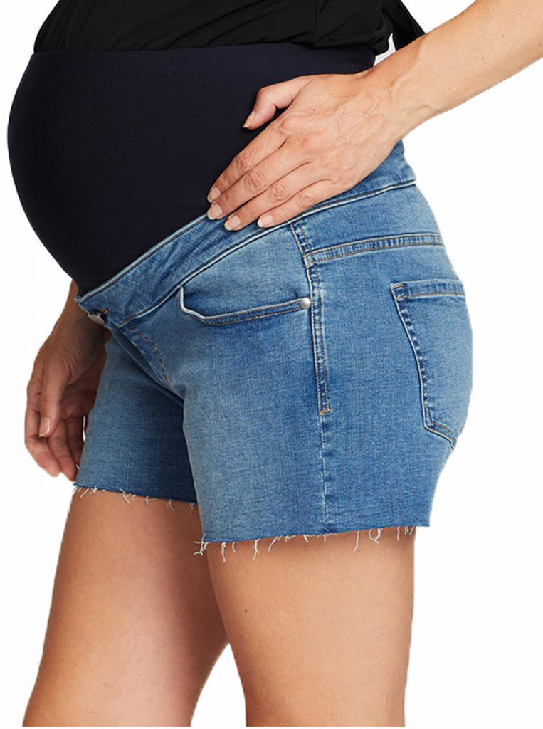 Side view - Maternity Over The Bump High Waist Denim Shorts - Angel Maternity USA (4499226067038)