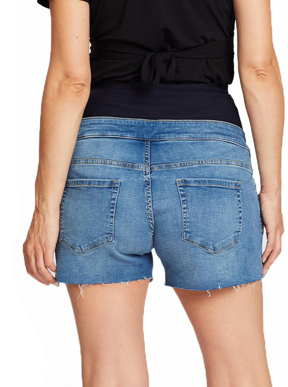Back view - Maternity Over The Bump High Waist Denim Shorts - Angel Maternity USA (4499226067038)