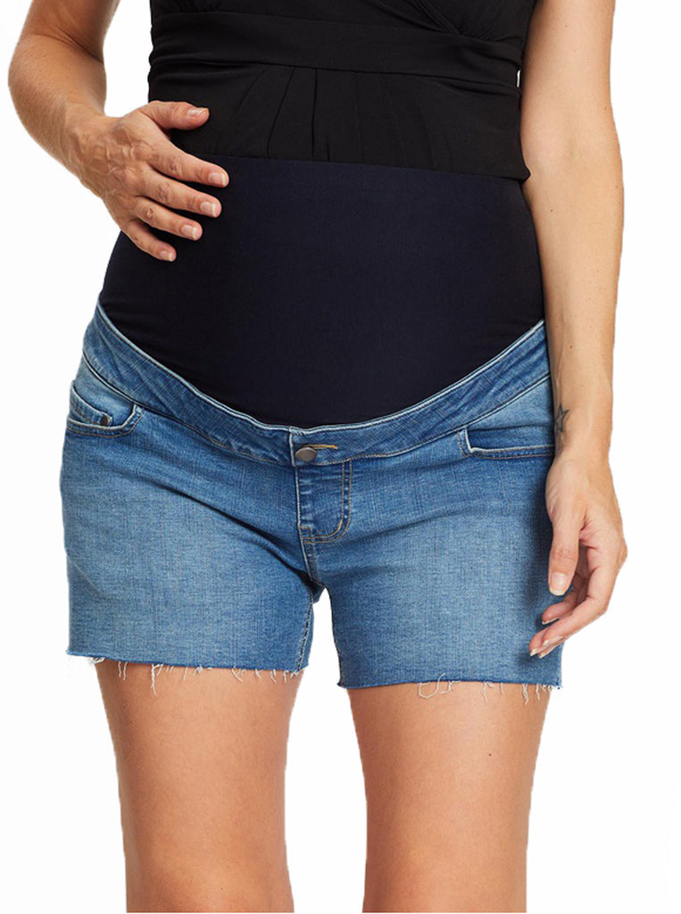 Front view - Maternity Over The Bump High Waist Denim Shorts - Angel Maternity USA (4499226067038)