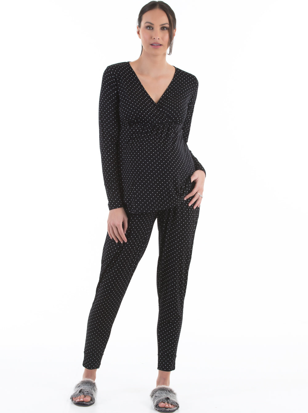 Main view - V-Neck Top and Lounge Pants Sleep Set - Polka Dot - Angel Maternity USA (4376025727070)