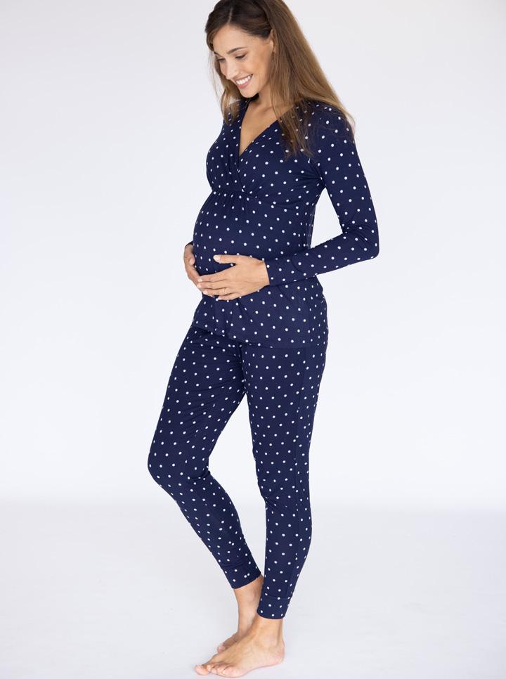 3 Piece Maternity & Nursing Lounge PJ Outfit - Navy Polkadots - Angel Maternity USA (4698032701534)