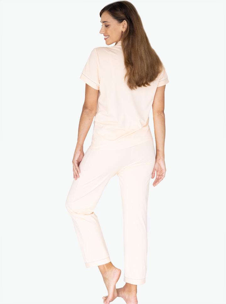 Back view -  A young pregnant woman in Button Front Maternity & Nursing Pajama Set in Peach (6659036872798)