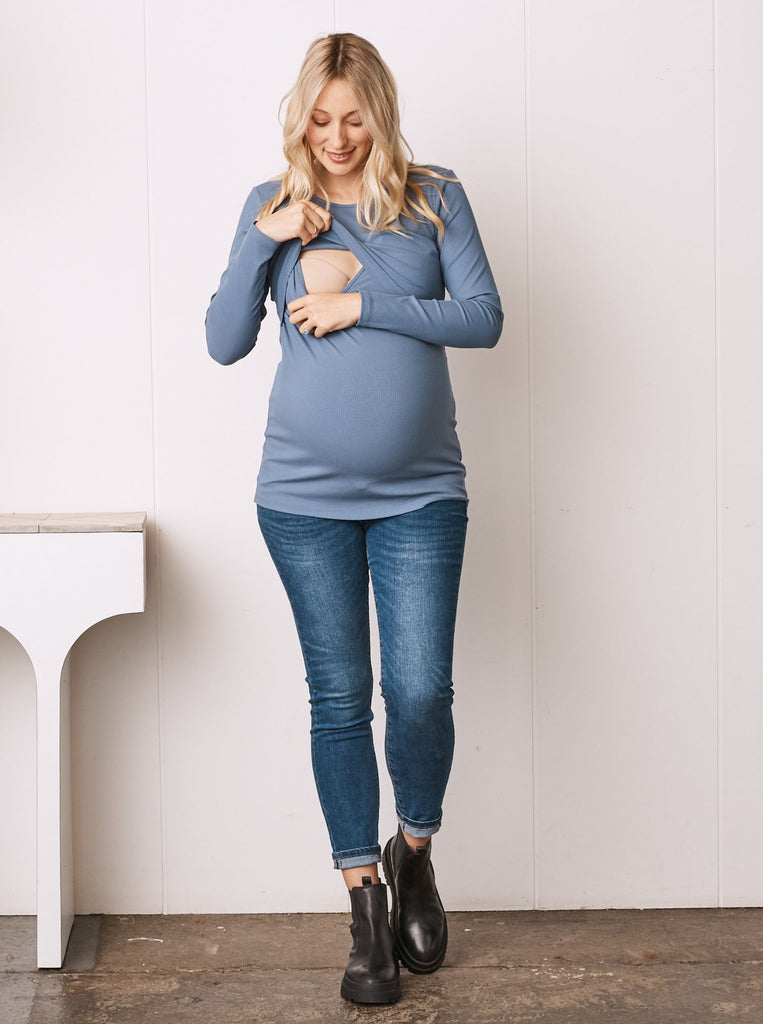 Blue Long Sleeve Maternity & Nursing Top (6618561216606)