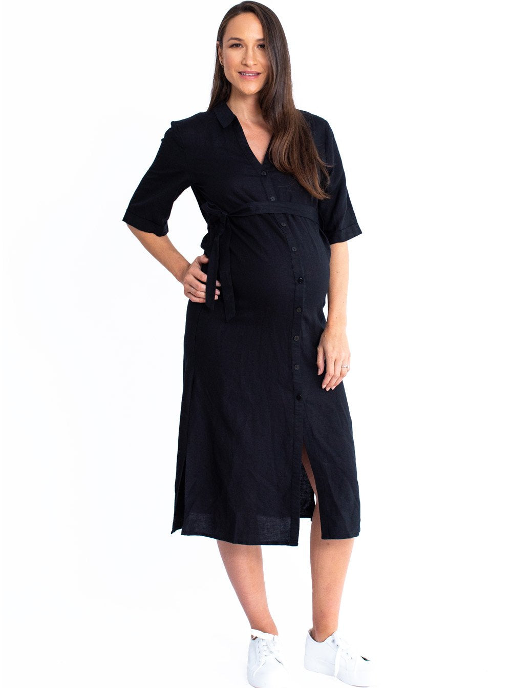 Maternity Tie Waist Linen Midi Dress - Black - Angel Maternity USA (4530658607198)
