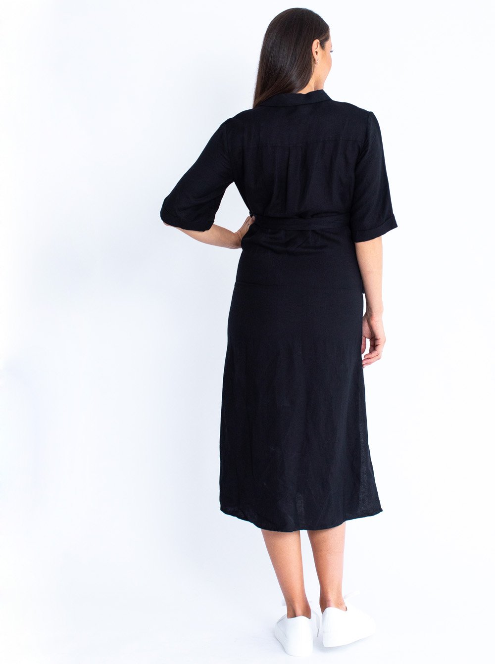 Maternity Tie Waist Linen Midi Dress - Black - Angel Maternity USA (4530658607198)