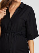 Maternity Tie Waist Linen Midi Dress - Black - Angel Maternity USA (4530658607198)