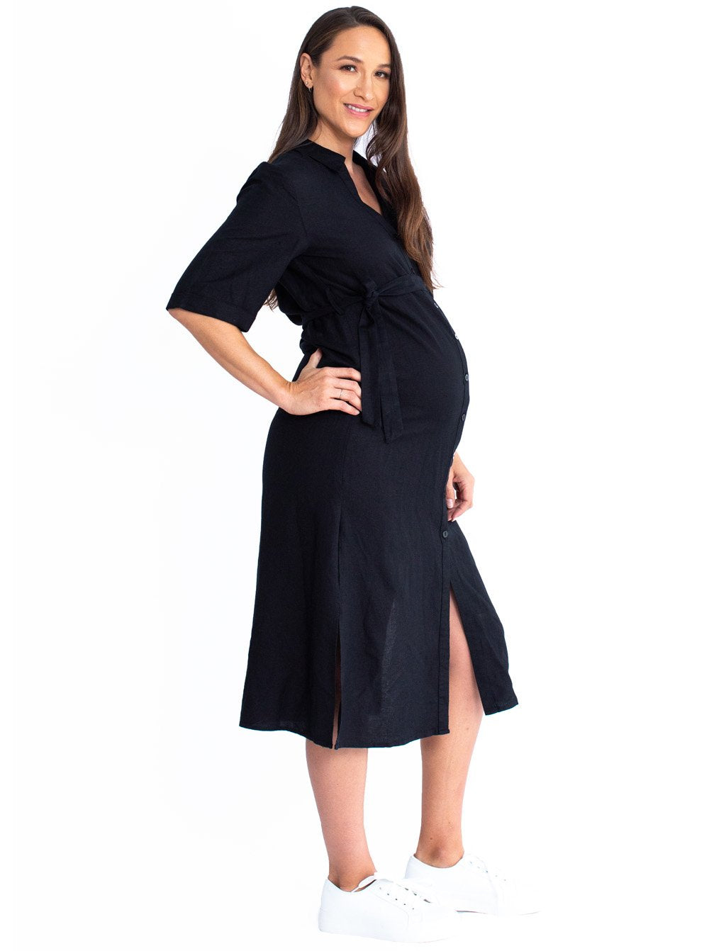 Maternity Tie Waist Linen Midi Dress - Black - Angel Maternity USA (4530658607198)