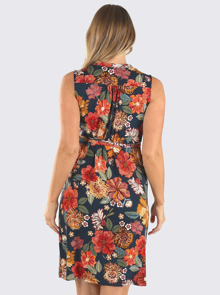 Back view - A pregnant woman in Sleeveless Red Floral Print Maternity Wrap Dress (3961085296734)
