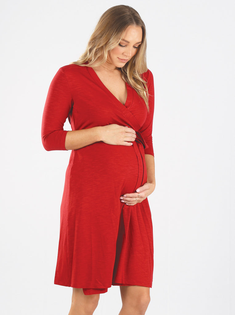 Side view - Classic Maternity Wrap Feeding Dress in Red (4753994416222)