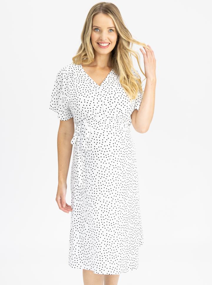 Front view - Maternity and Nursing Wrap Dress with Polka Dots in Knee Length (4802020212830)