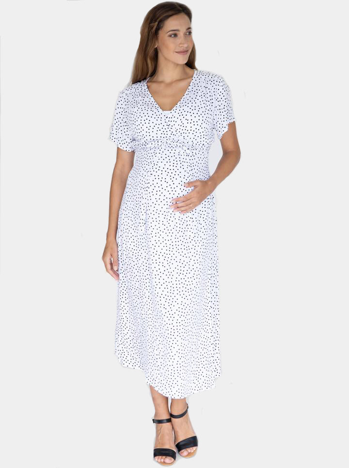 front view - Maternity and Nursing Wrap Dress with Polka Dots in Midi Length front (4802020474974)