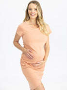 Front view - Summer Shot Sleeve Peach Maternity Bodycon Dress (4802026078302)