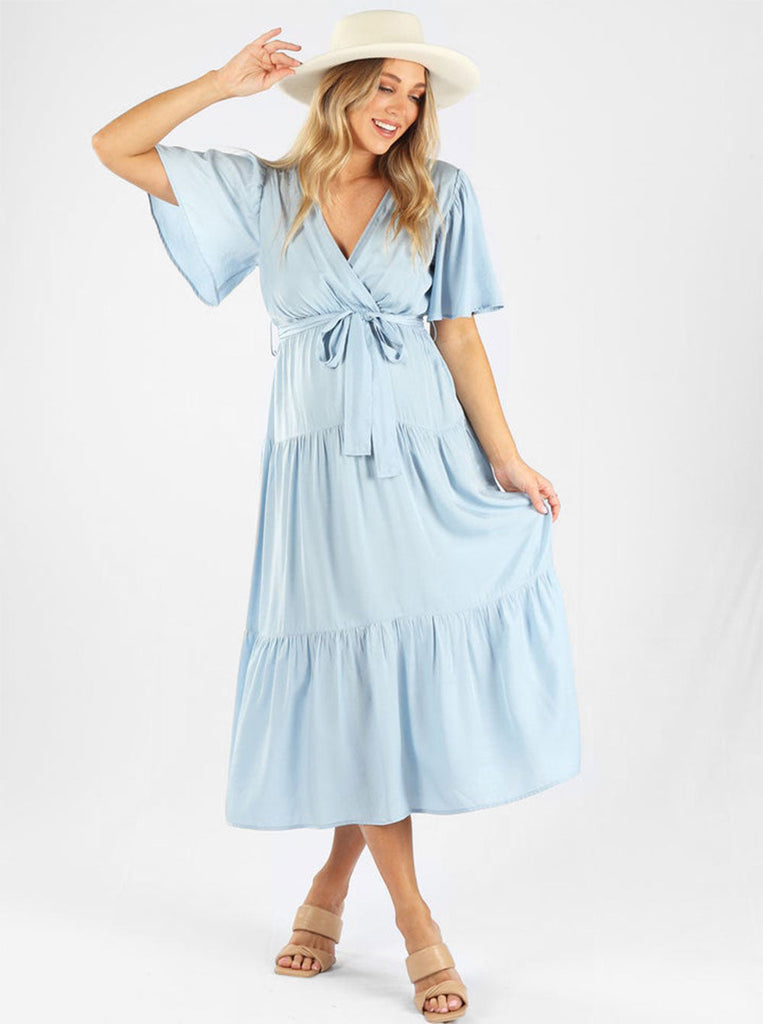 Main view - A pregnant woman in Blue Baby Shower Maxi Maternity Dress & a hat (6659011510366)
