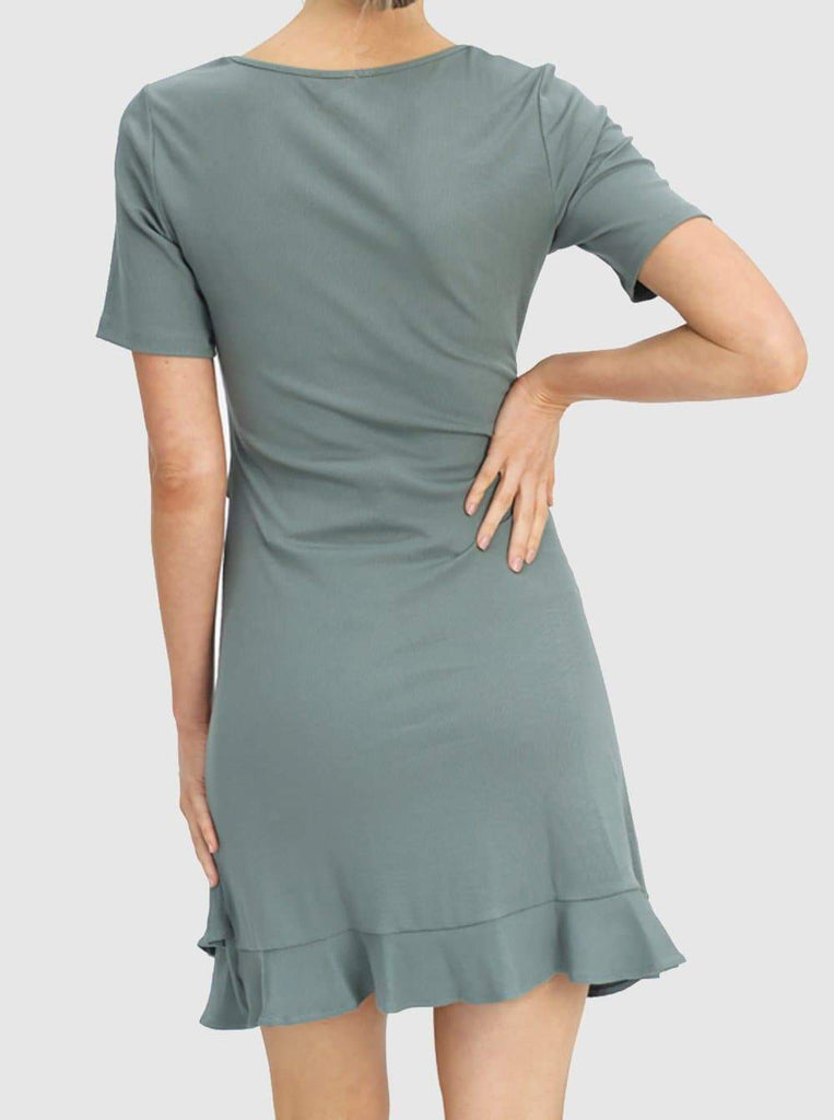 Back view - Maternity Short Sleeve Frilled End Ribbed Dress - Angel Maternity (6639685337182)