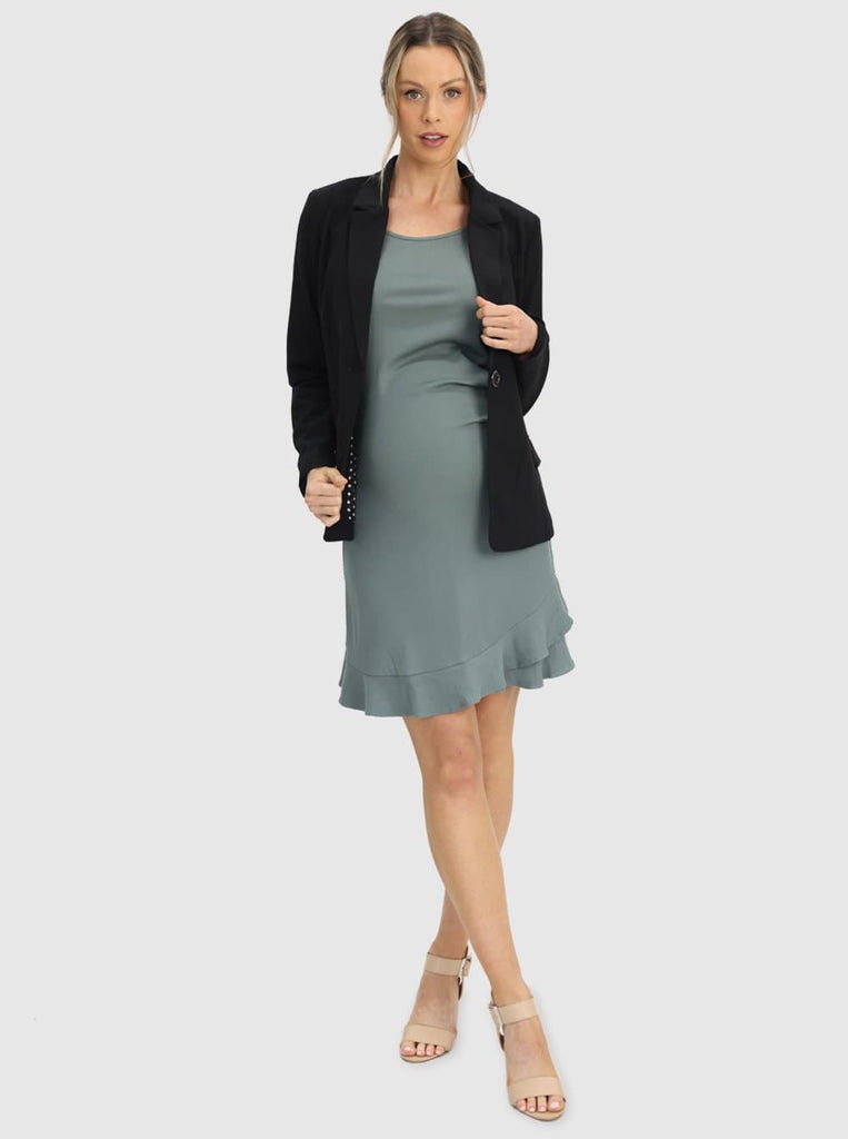 Front view - Maternity Short Sleeve Frilled End Ribbed Dress - Angel Maternity (6639685337182)