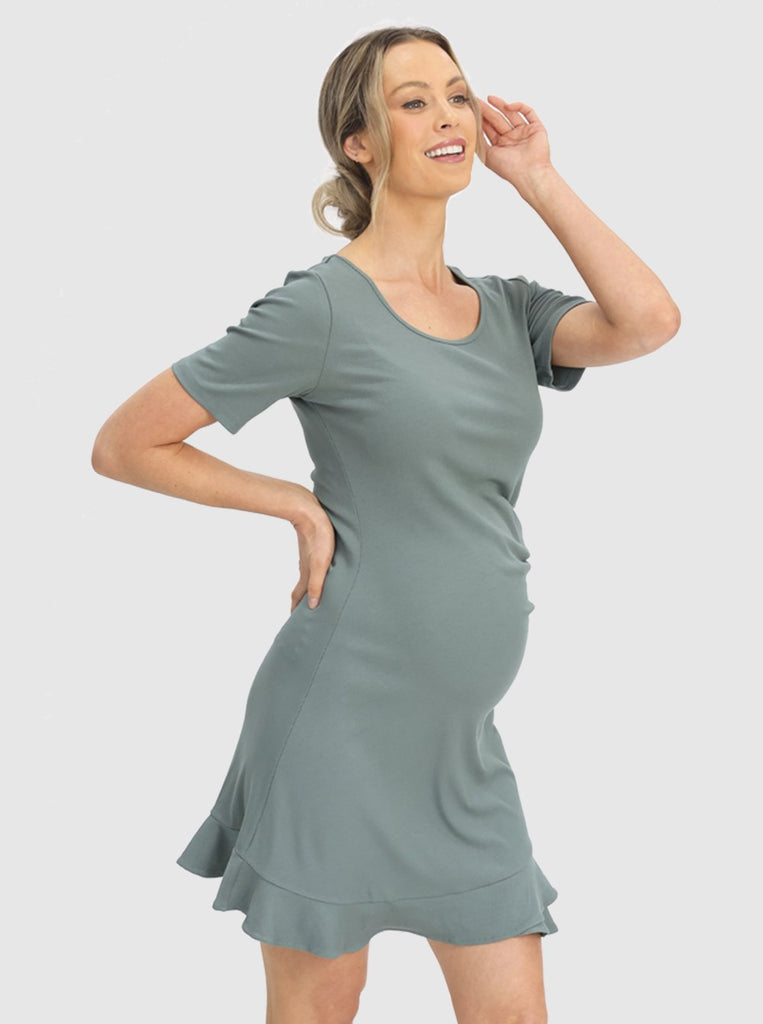 Side view - Maternity Short Sleeve Frilled End Ribbed Dress - Angel Maternity (6639685337182)