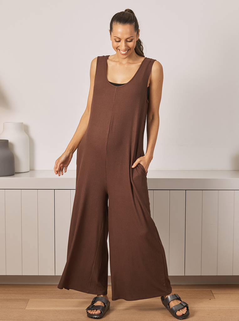 Maternity Ribbed Jumpsuit Pants in Chocolate - Angel Maternity USA