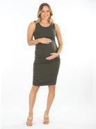 Front view - Bodycon Maternity Dress in Olive Green - Knee Length  (6659037364318)