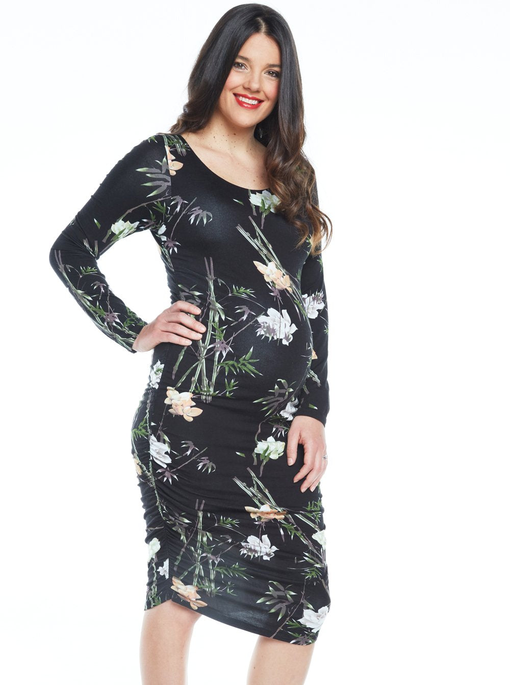 Maternity Bodycon Long Sleeve Print Dress - Black Floral (4802020048990)