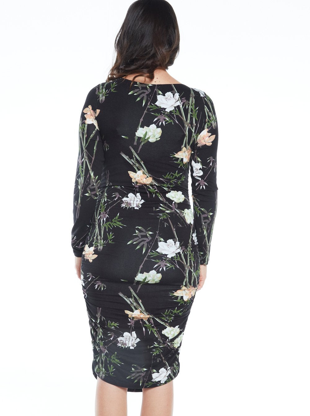 Maternity Bodycon Long Sleeve Print Dress - Black Floral (4802020048990)
