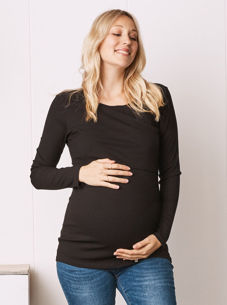 Black Long Sleeve Maternity & Nursing  Top (6618561183838)
