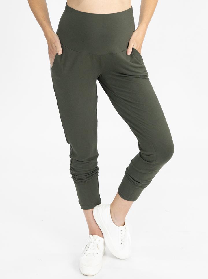 Front view - "Home to Street" Maternity pants in Khaki Green (4801471545438)