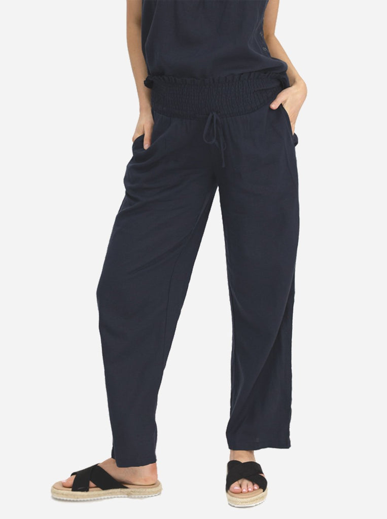 Side view - Comfortable Navy Linen Maternity Pants (6640781951070)