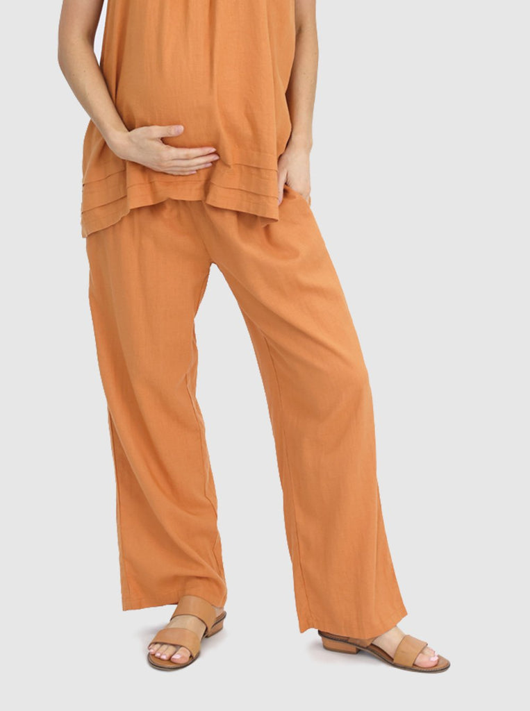 Side view - Comfortable Linen Maternity Pant in Orange from Angel Maternity (6640781983838)