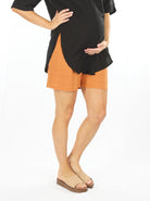 Side view right - Maternity Linen Summer Shorts in Orange (6640782508126)