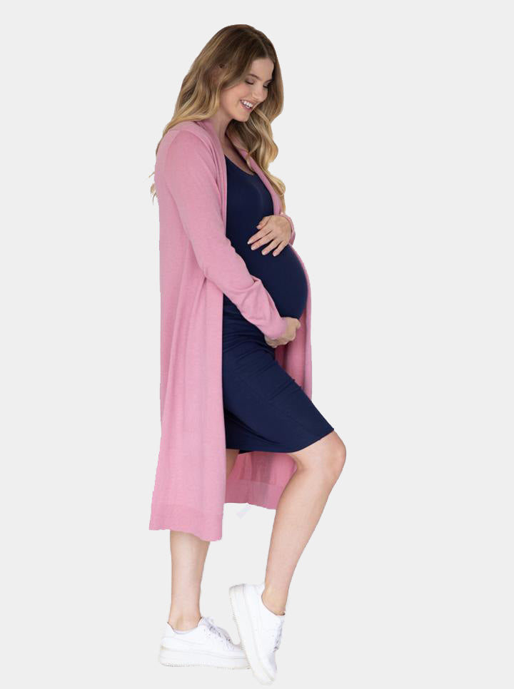 Maternity Long Knit Wool Blend Cardigan - Pink side (4694212018270)