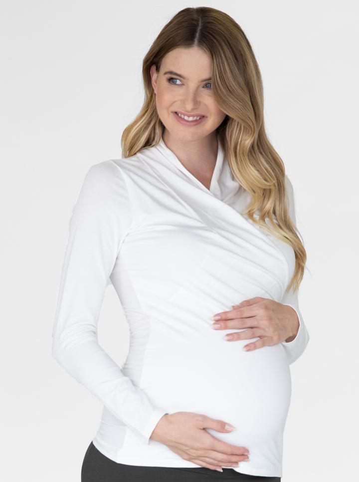 Main view - White Maternity V-Neck Crossover Bamboo Long Sleeve Top (6537446162526)