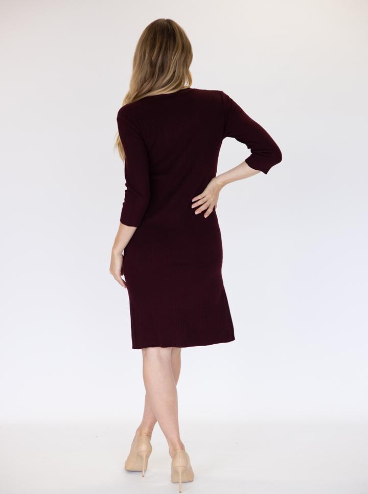 Back view - Maternity Button Front Nursing Knit Ribbed Dress - Burgundy (6648640077918)