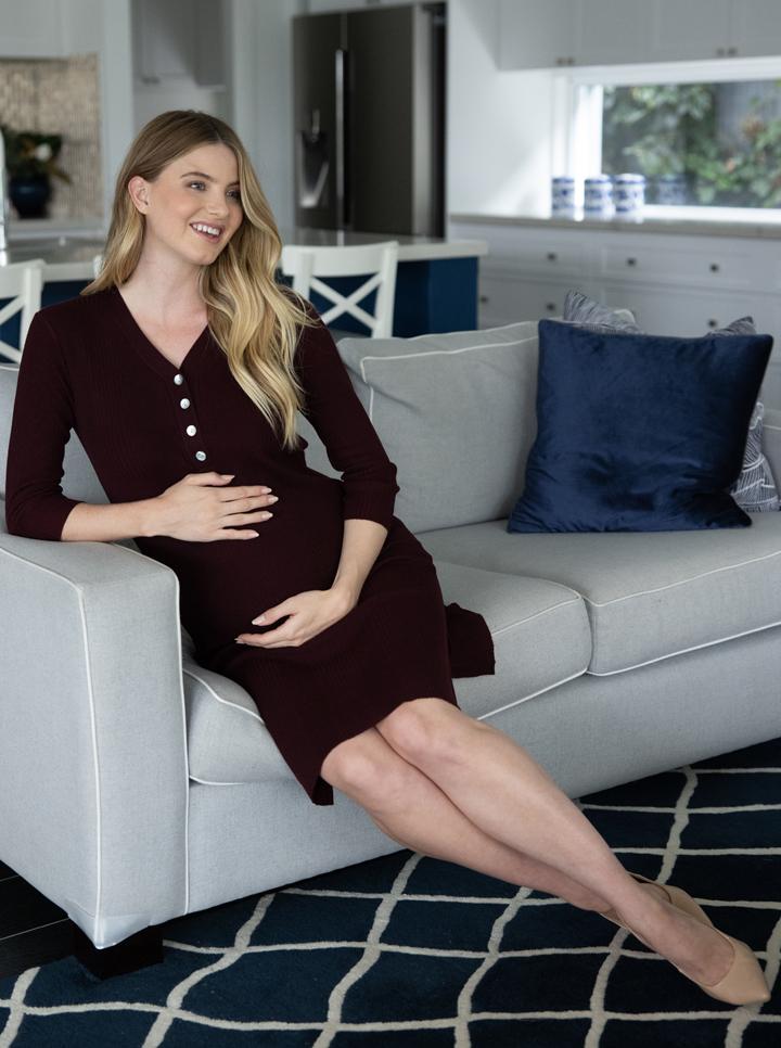 Main view - Maternity Button Front Nursing Knit Ribbed Dress - Burgundy - Angel Maternity (6648640077918)