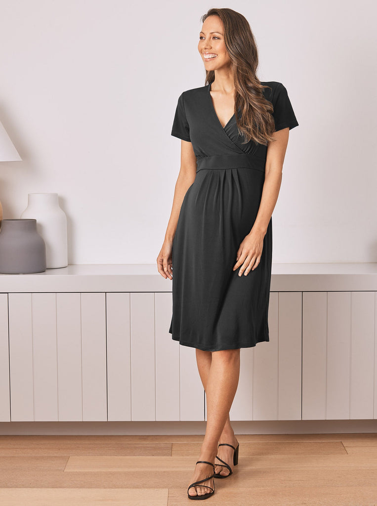 Crossover Neckline Maternity & Nursing Wrap Dress - Teal & Black