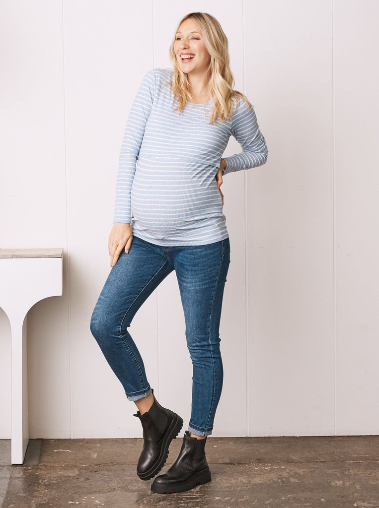 Maternity & Nursing Long Sleeve Cotton Top - Blue Stripe (6724307877982)